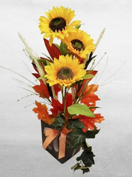 Egyedi kézműves napraforgós őszi kompozíció sötétszürke négyzetes kaspóban
