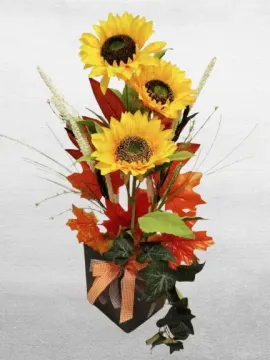 Egyedi kézműves napraforgós őszi kompozíció sötétszürke négyzetes kaspóban