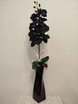 Fekete orchidea, fehér mohával, fekete csavart vázában