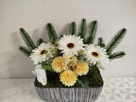 Kézműves kegyeleti angyalkás dísz kőkaspóban